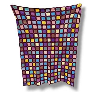 Vintage‎ Burgundy Colorful Granny Square Afghan Blanket Crochet Throw 52" x 72"